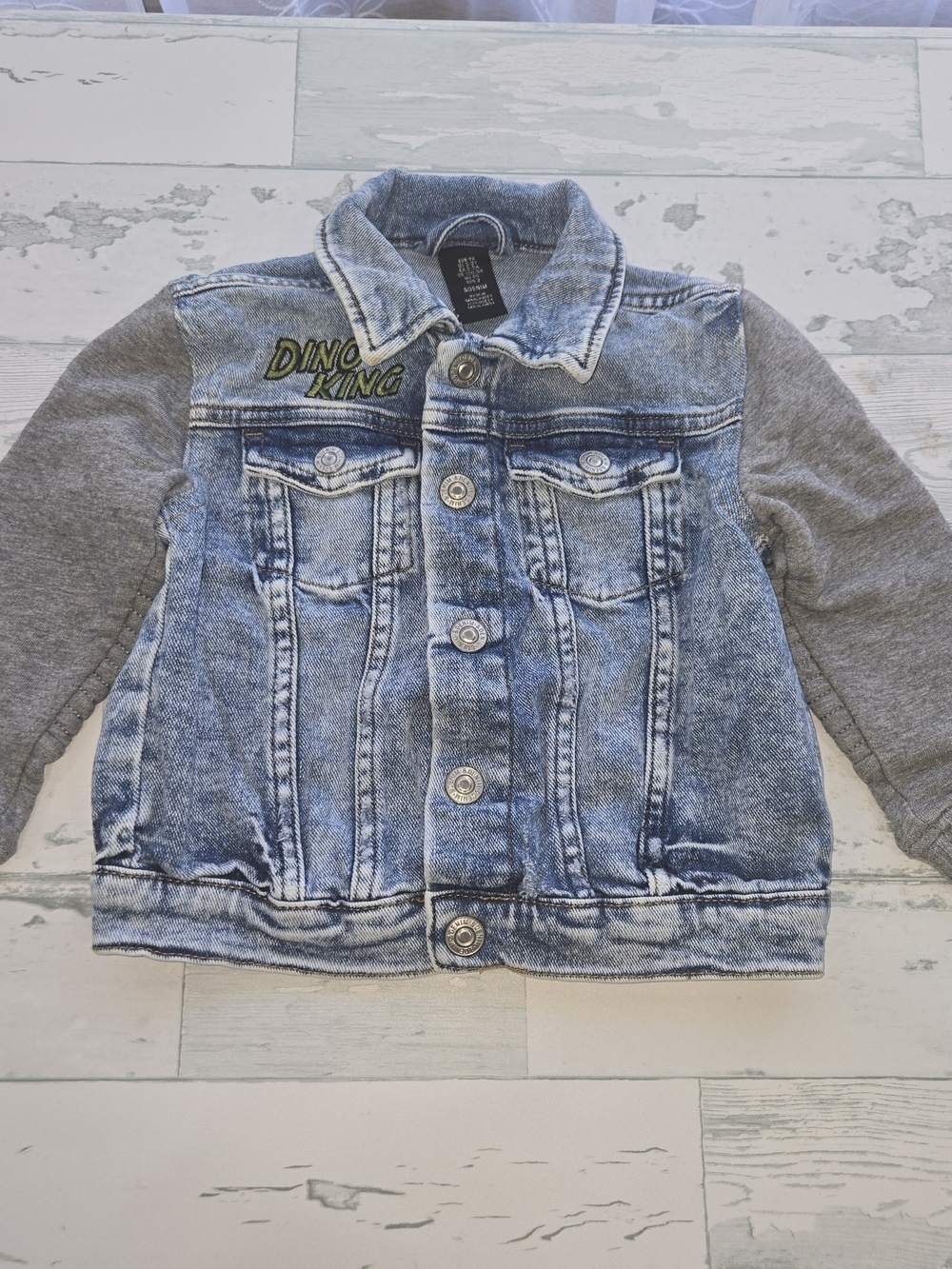 H&M Blue Denim Jacket with Gray Sweatshirt Sleeves - Size 2/3 - Picture 2 of 9